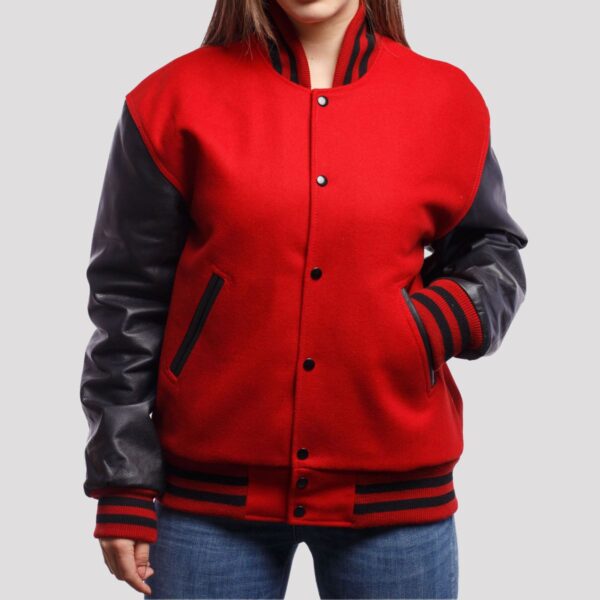 Harper Scarlet Wool Body & Black Leather Sleeves Varsity Jacket - Image 3