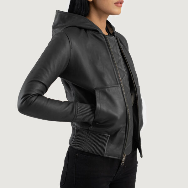 Evelyn Hooded Black Leather Bomber Jacket - Image 4