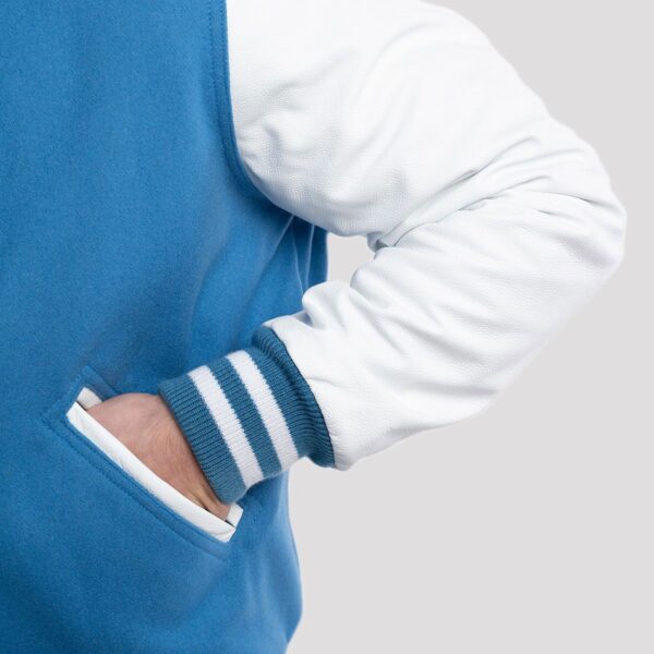 William Sky Blue Wool Body & White Leather Sleeves Varsity Jacket - Image 4