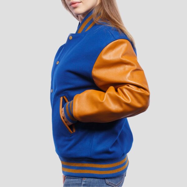 Sarah Royal Blue Wool Body & Old Gold Leather Sleeves Varsity Jacket - Image 3