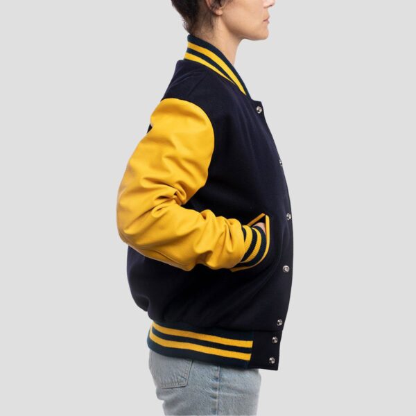 Isla Navy Blue Wool Body & Lemon Leather Sleeves Varsity Jacket - Image 3