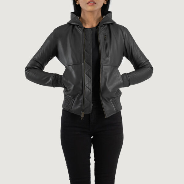 Evelyn Hooded Black Leather Bomber Jacket
