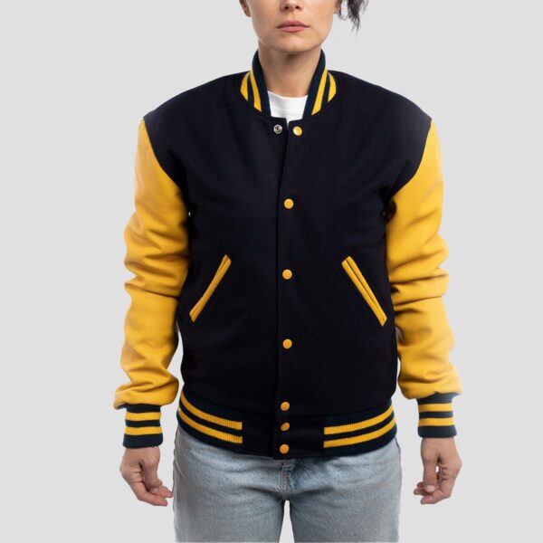 Isla Navy Blue Wool Body & Lemon Leather Sleeves Varsity Jacket