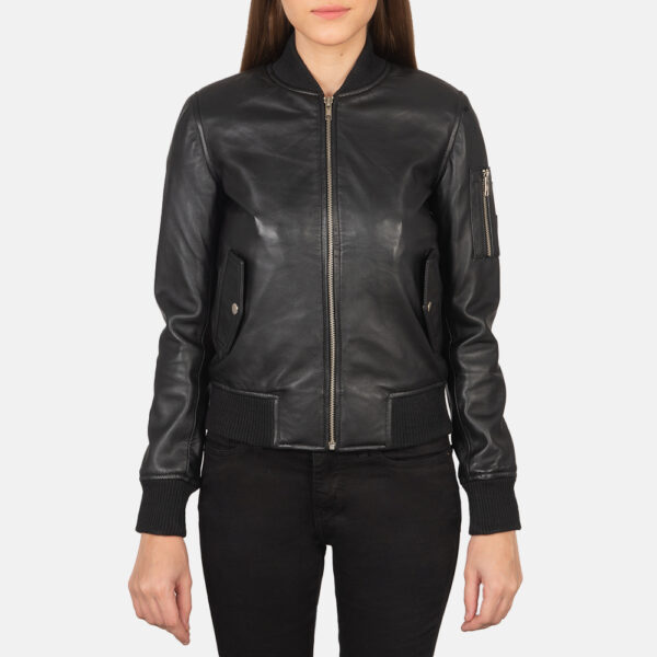 Mia Black Leather Bomber Jacket - Image 4