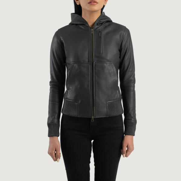 Evelyn Hooded Black Leather Bomber Jacket - Image 3