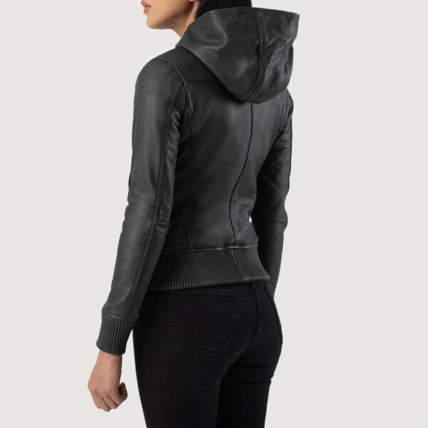 Evelyn Hooded Black Leather Bomber Jacket - Image 2