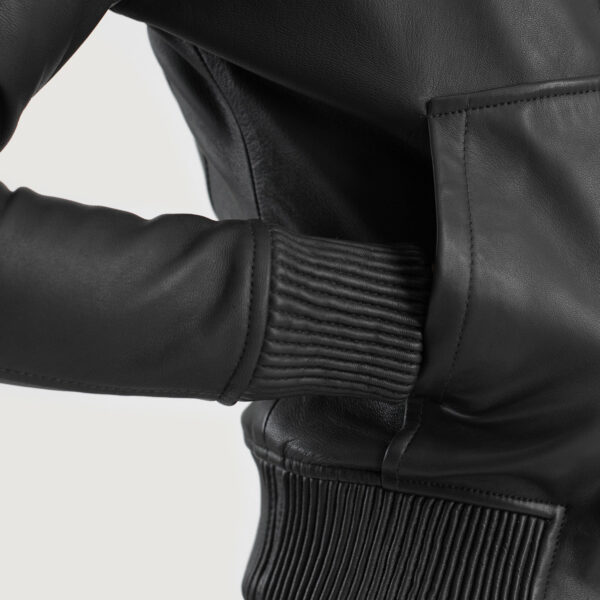 Evelyn Hooded Black Leather Bomber Jacket - Image 5
