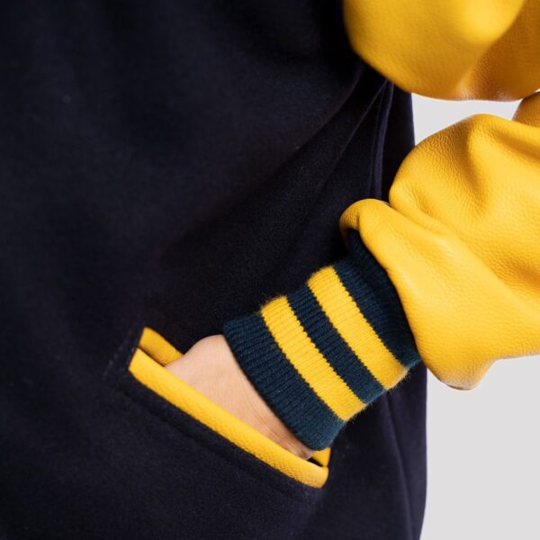 Isla Navy Blue Wool Body & Lemon Leather Sleeves Varsity Jacket - Image 4