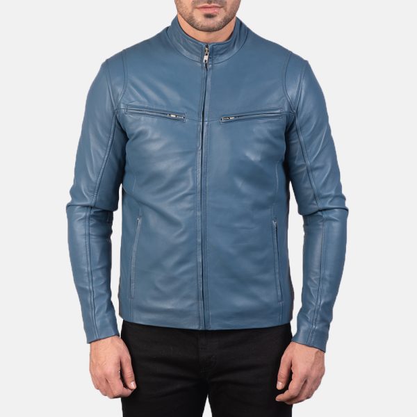 Liam Blue Leather Biker Jacket - Image 2