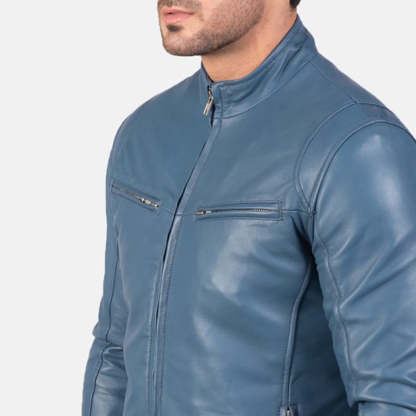 Liam Blue Leather Biker Jacket - Image 4