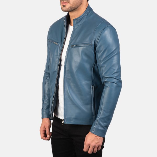 Liam Blue Leather Biker Jacket - Image 3