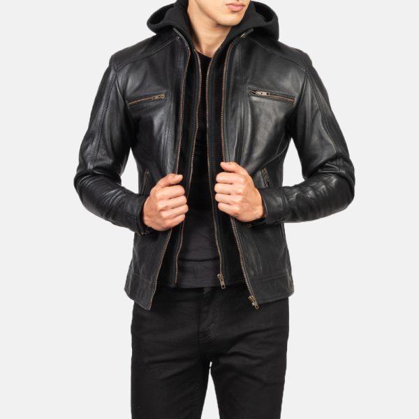 Benjamin Black Hooded Leather Biker Jacket