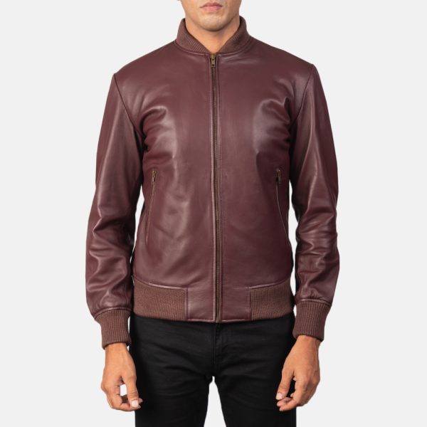 Jack Maroon Leather Bomber Jacket - Image 2